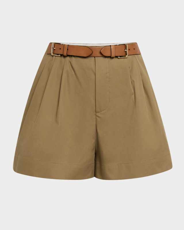 Belted Pleated Cotton Shorts